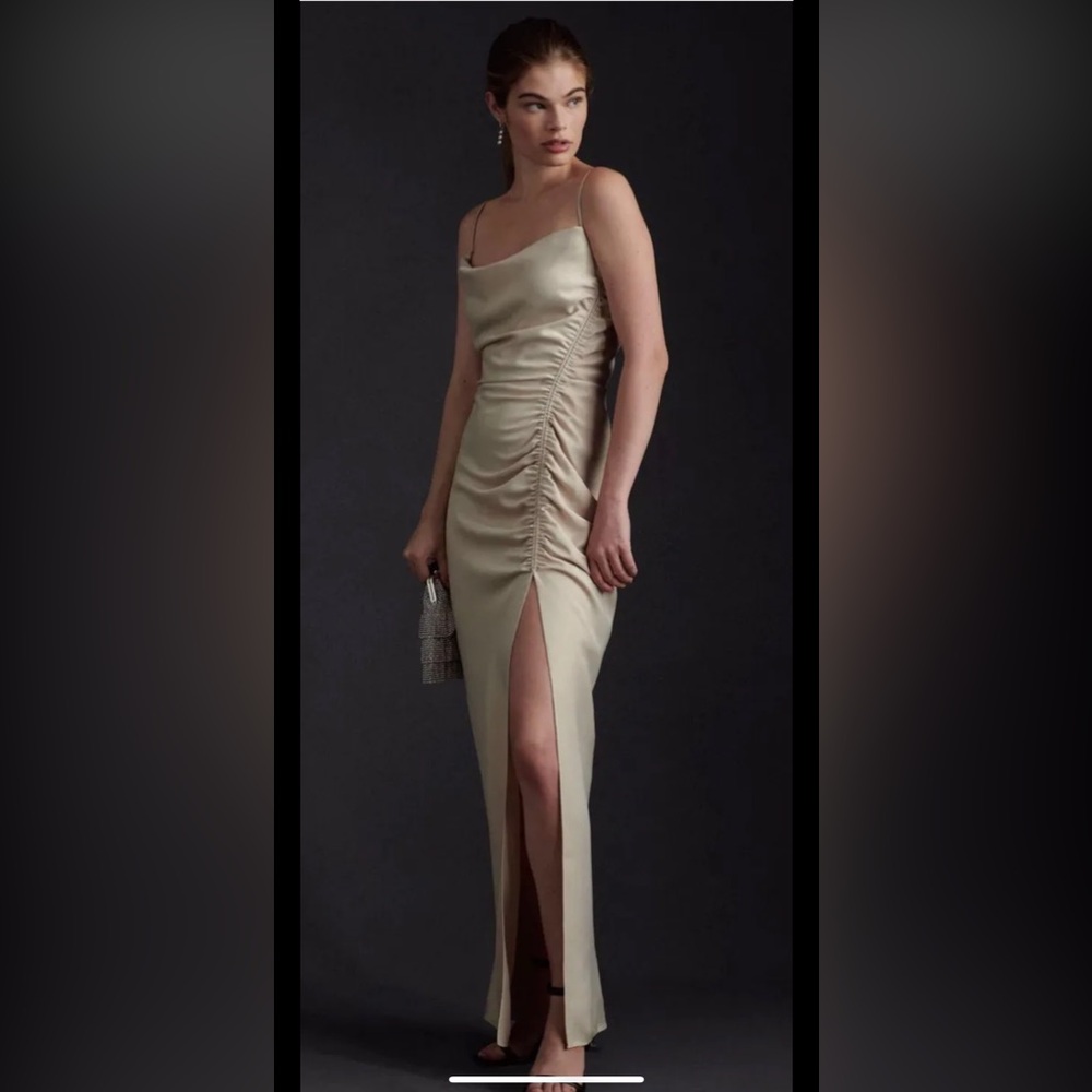 Jennings Cowl-Neck Ruched Side-Slit Satin Gown